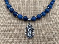 Sterling Silver Our Lady of Guadalupe Pendant, Antique Replica Medal, Grade AAA Dumortierite Gemstone Necklace, Nuestra Señora de Guadalupe