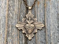 Bronze Sacred Heart Pendant and Necklace, French Antique Replica, Radiant Sacred Heart Medal, Large Sacred Heart of Jesus Pendant, Stunning!