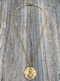 Large Gold Mary and Baby Jesus Medal Pendant Necklace, French Artist Elie Pellegrin, French Antique Replica, Fleur de Lis, Blessed Mother