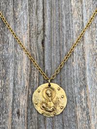Large Gold Mary and Baby Jesus Medal Pendant Necklace, French Artist Elie Pellegrin, French Antique Replica, Fleur de Lis, Blessed Mother