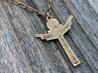 Antique Gold Trinity Crucifix Pendant and Necklace, Antique Replica, Father Son and Holy Spirit 3-in-1 Crucifix, Latin "A HERI HODIE SEMPER"