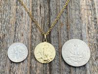 Gold St Michael Medal Pendant Necklace, Rare French Antique Replica, Artist Tricard, Ora Pro Nobis, Saint Michael the Archangel Pray for Us