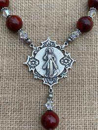 Sterling Silver Divine Mercy Chaplet Rosary, Antique Replica Large Medals, Jasper Gemstones, Swarovski Crystals, One of a Kind Artisan Piece