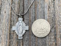 Sterling Silver Blessed Virgin Mary Medal Pendant Necklace, Antique Replica, Radiant Our Lady Medal, Our Lady of the Rosary Pendant, Cross