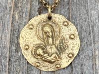Antique Gold Large Mother Mary and Baby Jesus Fleur de Lis Pendant, French Antique Replica Medal, Rolo Chain Necklace, Artist Elie Pellegrin