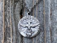 Sterling Silver Come Holy Ghost Medal, Holy Spirit Pendant Necklace, Antique Replica, Sacred Heart of Jesus, Veni Sancte Spiritus, VSS-1