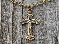 Antique Gold Small Crucifix Pendant Necklace, Antique Replica, Historic Reproduction, Petite Crucifix on a Textured Cable Chain Necklace