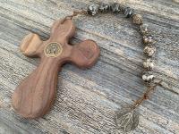 Large Single Decade Rosary, Walnut hand-carved Comfort Cross, Miraculous Medal, Turritella Agate Gemstones, ByRon Palm Cross, Face of Jesus