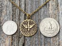 Antique Gold Holy Spirit Dove Pendant, Antique Replica, Latin Veni Sancte Spiritus Medal, Argentina, Holy Ghost Necklace, Come Holy Spirit