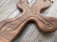 Large Single Decade Rosary, Walnut hand-carved Crucifix Comfort Cross, Miraculous Medal, Birds Eye Rhyolite Gemstones, ByRon Palm Cross
