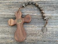 Large Single Decade Rosary, Walnut hand-carved Comfort Cross, Miraculous Medal, Turritella Agate Gemstones, ByRon Palm Cross, Face of Jesus