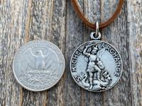 Silver Pewter St Michael French Medal Necklace, Antique Replica, Saint Michael the Archangel, St Michel, Protection against the devil Satan