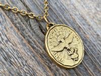 Large Antique Gold Plated Come Holy Spirit Medal Pendant Necklace, Latin Antique Replica, Veni Sancte Spiritus Medal, Sacred Heart of Jesus