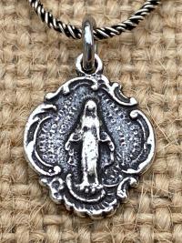 Sterling Silver Petite Miraculous Medal, Antique Replica, Pendant Necklace, Blessed Virgin Mary, Small Miraculous Medal .925 Spiga Chain MM3