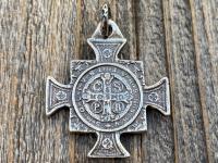 Sterling Silver Large Saint Benedict Medal Pendant, Antique Replica, Crux Sancti Patris Benedicti, Big St Benedict Cross Medallion, .925
