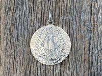Shiny Sterling Silver St Michael Medal Pendant Necklace, French Antique Replica, Artist L Tricard, Ora Pro Nobis, Saint Michael Pray for Us