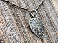 Sterling Silver Dainty Blessed Virgin Mary Heart Pendant Necklace, French 19th Century Antique Replica, Small Our Lady Medallion, France, H3