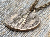 Bronze St Gertrude the Great Medal Pendant Necklace, Signed by French artists Karo & AP Penin, Gertrude Charm, Patron Saint of Cats Felines