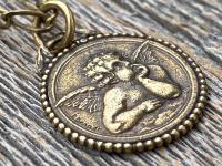 Antique Gold Dainty Angel Medal Pendant Necklace, French Antique Replica, Signed by artist Brandt, Putti Medallion Pendant from France