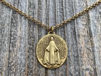 Antique Gold Plated Large French Miraculous Medal, Antique Replica, Pendant Necklace, Signed by artists PCH & JB, Miraculous from France MM1