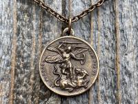 Bronze St Michael the Archangel & Guardian Angel Medal Pendant Necklace, Antique Replica, Two-Sided Protection Medal Pendant, Arcangel Michel