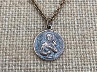 Bronze Saint Gerard Majella Medal Pendant Necklace, French Antique Replica, Artist Penin, Patron Saint of Expectant Mothers, of Fertility