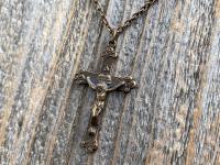Bronze Sacred Heart of Jesus Crucifix, Pendant Necklace, Antique Replica, Large Bronze Crucifix Cross, Big Sacred Heart Jesus Medal Pendant
