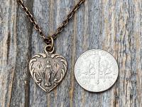 Bronze Small Blessed Virgin Mary Heart Pendant Necklace, French 19th Century Antique Replica, Dainty Our Lady Heart Medallion from France H3