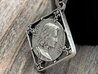 Silver Plated St Joan of Arc Medal Pendant Necklace, Antique Replica of Rare French Medallion, Saint Jeanne d'Arc Medallion from France