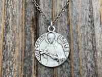 Silver St Gerard Majella Medal Pendant on Necklace, By French Artist Charl, Antique Replica Medallion, Saint of Expectant Mothers Fertility