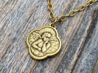 Antiqued Gold Plated Angel Medal Pendant Necklace, Antique Replica, Quatrefoil Shape, Reproduction of French Antique Medallion, Cherub Charm