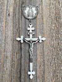 Antiqued Pewter Large Miraculous Medal Rosary Center and/or Crucifix, French Antique Replicas, Rare Oversized Rosary Parts, 1.25 inch Center