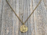 Large Antiqued Gold 5 Way Medal Pendant and Necklace, Antique Replica of Rare Big 4 Way Medallion from France by JB and PCH, Descending Dove