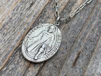Silver St Peregrine Laziosi Medal Pendant on Paperclip Necklace, Antique Replica, Saint of Cancer, Saint Peregrinus Pellegrino, Pray for Me