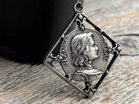 Antiqued Pewter St Joan of Arc Medal Pendant on Necklace, Antique Replica of Rare French Medal, St Jeanne d'Arc Medallion with Fleur de Lis