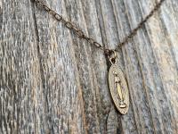 Bronze Latin Miraculous Medal Pendant and Necklace, Antique Replica of French Miraculous Medallion, Elongated Oval Shape Blessed Virgin Mary