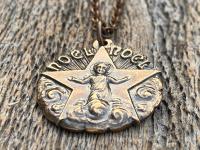 Bronze Christmas Noel Noel Pendant and Necklace, Antique Replica of a Rare French Medallion, Baby Jesus with a Radiant Star, from France