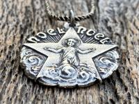 Sterling Silver Christmas Noel Noel Pendant and Necklace, Antique Replica of a Rare French Medallion, Baby Jesus with a Radiant Star, France