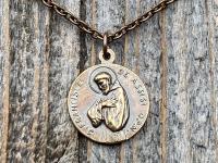 Bronze St Francis of Assisi Blessing Medal Pendant on Necklace, Antique Replica of French Latin Medallion, May the Lord Bless You & Keep You