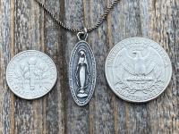 Sterling Silver Latin Miraculous Medal Pendant and Necklace, Antique Replica of French Miraculous Medallion, Elongated Oval Shaped Charm