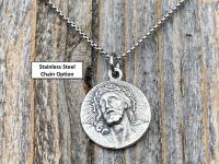 Sterling Silver Our Savior Jesus Christ Medallion on Necklace, Antique Replica of French Pendant, Reverses to a Jerusalem Crusaders Cross