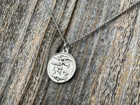 Shiny Sterling Silver St Michael the Archangel & Guardian Angel Medal Pendant on Necklace, Antique Replica of Rare Two-Sided Medallion, M3