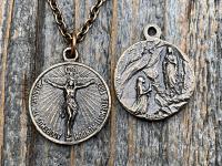 Bronze Crucifix on Circle Disc & Lourdes Grotto Two-Sided French Antique Replica Round Medallion Pendant on Necklace, Medal Signed by OBC