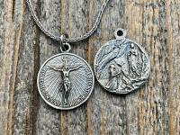 Sterling Silver Crucifix on Circle Disc & Lourdes Grotto Two-Sided French Antique Replica Round Medallion Pendant on Necklace, By OBC