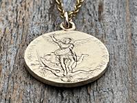 Gold St Michael Medallion Necklace, Antique Replica French Saint Michael the Archangel Pendant, Souvenir of Mont St Michel France by Penin