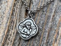 Antiqued Pewter Angel Pendant on Necklace, Reproduction French Antique Medallion, Quatrefoil Shaped Antique Replica Cherub Putti from France