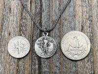 Saint Sebastian Sterling Silver Medal Necklace, Antique Replica, Patron Saint of Athletes & Soldiers Pendant, French St Sebastien Medallion