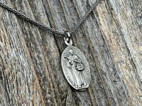 Sterling Silver Saint Martin of Porres Medallion Necklace, Antique Replica, Oval 2-sided Martinus de Porres & Queen of the Holy Rosary Medal