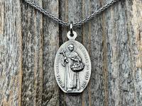 Sterling Silver Saint Martin of Porres Medallion Necklace, Antique Replica, Oval 2-sided Martinus de Porres & Queen of the Holy Rosary Medal