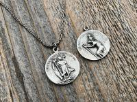 Sterling Silver Archangel Raphael & St Christopher Medallion Necklace, Antique Replica Protection 2-sided Medal, Saint Healing, Saint Safety